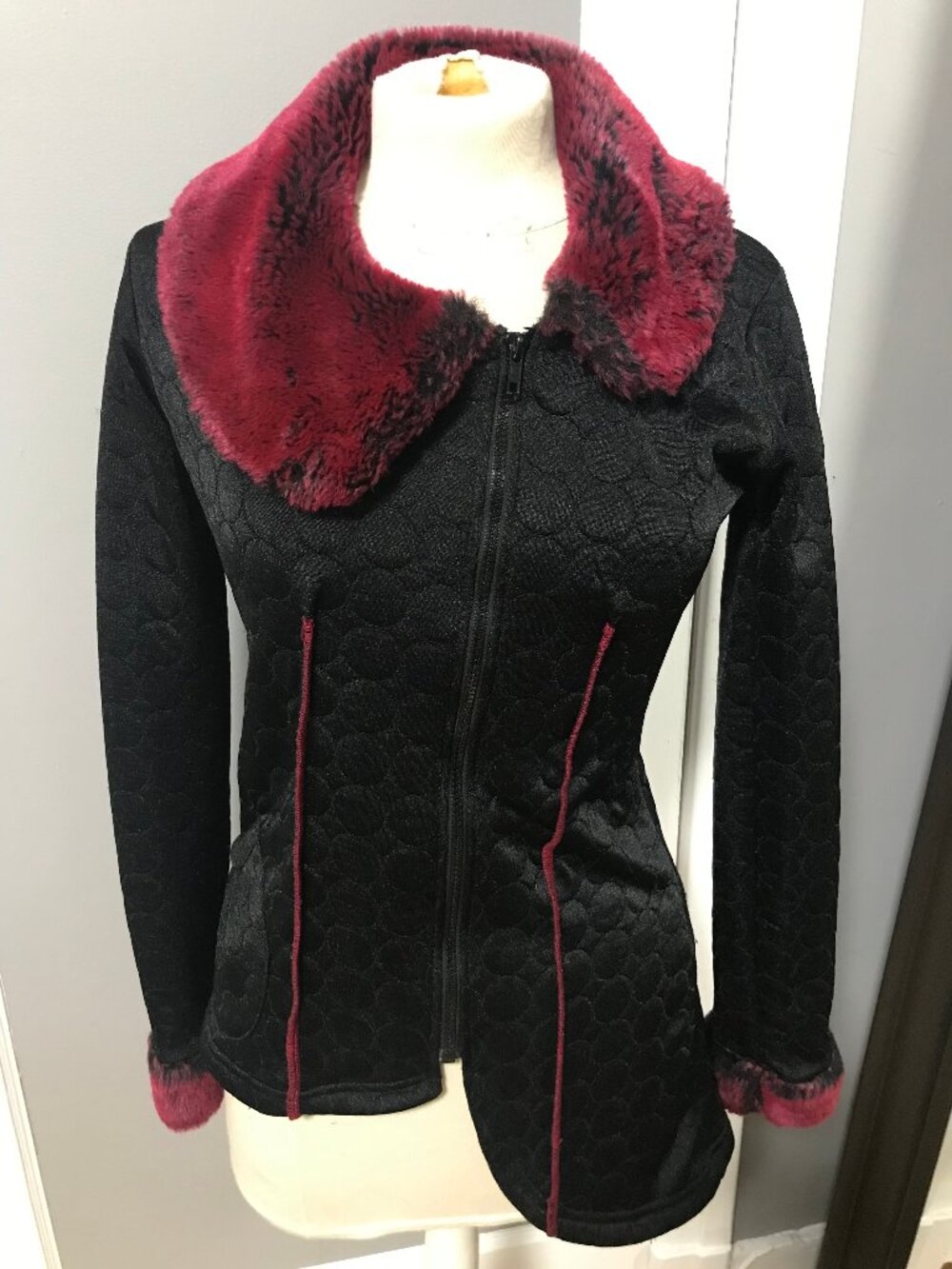 90s Y2K Gothic Black & Red Faux Fur Asymmetrical Jacket SMALL